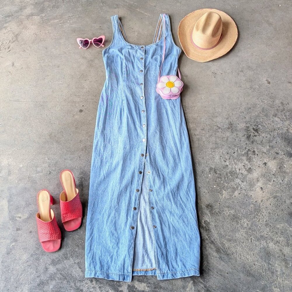 Vintage Paris Blues Denim Snap Front Midi Sheath Dress - Picture 1 of 11
